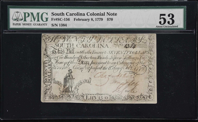 SC-156. South Carolina. February 8, 1779. $70. PMG About Uncirculated 53.
No. 1...