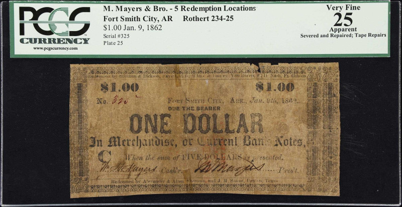 Fort Smith City, Arkansas. M. Mayers & Bro. 1862 $1. PCGS Currency Very Fine 25 ...