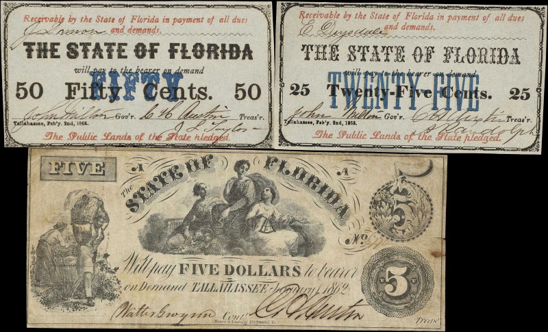 Lot of (3) Tallahassee, Florida. State of Florida. 1862-63 25, 50 Cents & $5. Ve...