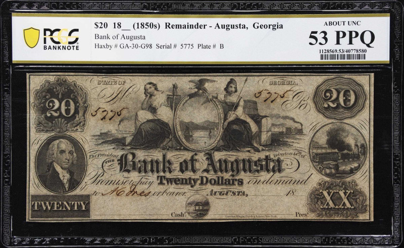 Lot of (5) Augusta, Georgia. Bank of Augusta. 18xx $20. PCGS Banknote About Unci...