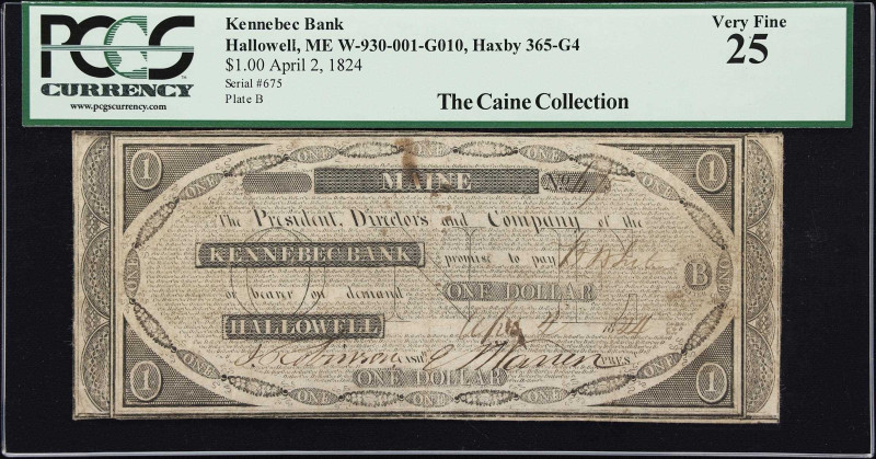 Hallowell, Maine. Kennebec Bank. 1824 $1. PCGS Currency Very Fine 25.
No. 675. ...