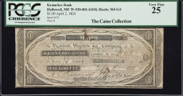 Hallowell, Maine. Kennebec Bank. 1824 $1. PCGS Currency Very Fine 25.
No. 675. Plate B. PSSP. The Kennebec Bank was established in 1812 and was in re...