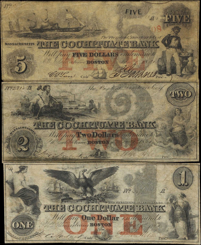 Lot of (3) Boston, Massachusetts. Cochituate Bank. 1851-53 $1, $2 & $5. Very Goo...