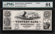 Springfield, Massachusetts. Western Bank. 1851 $5. PMG Choice Uncirculated 64. Proof.
Imprint of Danforth, Bald & Co. New York & Philad. India paper ...