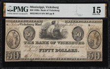 Vicksburg, Mississippi. Bank of Vicksburg. 1839 $50. PMG Choice Fine 15.
No. 287. Plate B. Allegorical figure at center with riverboat in the backgro...