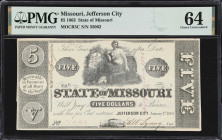 Jefferson City, Missouri. State of Missouri. 1863 $5. PMG Choice Uncirculated 64.
No. 35062. A rather handsome piece that looks like it would be more...