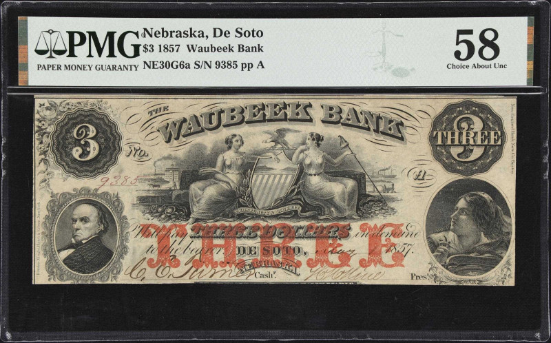 De Soto, Nebraska. Waubeek Bank. 1857 $3. PMG Choice About Uncirculated 58.
No....