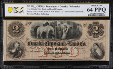 Omaha, Nebraska. Omaha City Bank & Land Company. 18xx $2. PCGS Banknote Choice Uncirculated 64 PPQ. Remainder.
No. None. Plate A. Full light brown ti...