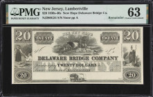 Lambertville, New Jersey. New Hope Delaware Bridge Company. 18xx $20. PMG Choice Uncirculated 63. Remainder.
No. None. Plate A. An appealing and cris...