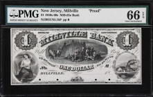 Millville, New Jersey. Millville Bank. 18xx $1. PMG Gem Uncirculated 66 EPQ. Proof.
Plate A. Bald, Cousland & Co., Philad. India paper only. Plate B....