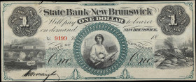 New Brunswick, New Jersey. State Bank at New Brunswick. 18xx $1. About Uncirculated.
No. 9199. Plate B. Numbered and partially signed, this Remainder...