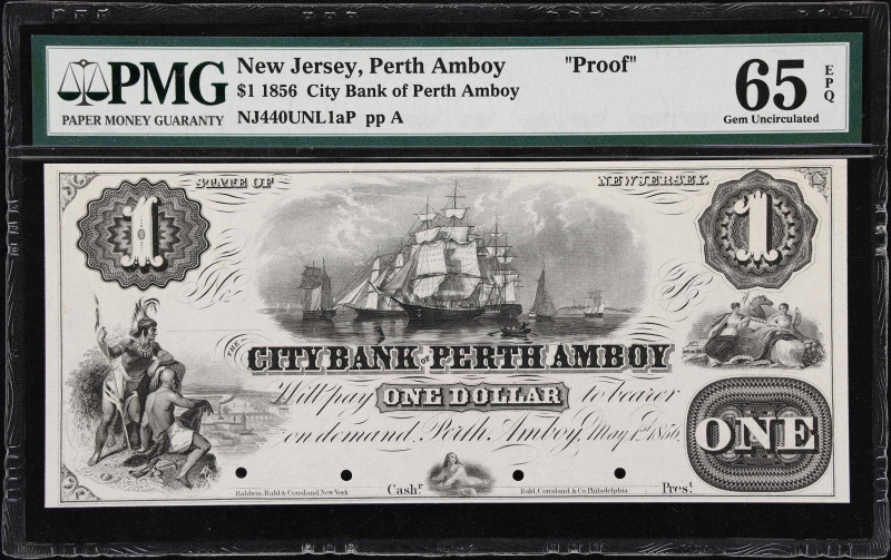 Perth Amboy, New Jersey. City Bank of Perth Amboy. 1856 $1. PMG Gem Uncirculated...