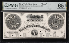 New York, New York. Bank of the Commonwealth. 18xx $2. PMG Gem Uncirculated 65 EPQ. Proof.
Imprint of Danforth, Wright & Co. India paper mounted on a...