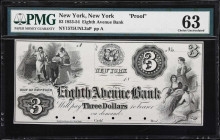 New York, New York. Eighth Avenue Bank. 18xx $3. PMG Choice Uncirculated 63. Proof.
Imprint of Baldwin, Adams & Co. New York. India paper only. Plate...