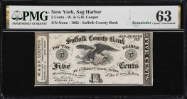 Sag Harbor, New York. Suffolk County Bank. 1862 5 Cents. PMG Choice Uncirculated 63. Remainder.
No. None. Plate None. Likely issued as a means to fac...