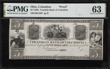 Columbus, Ohio. Franklin Bank of Columbus. 18xx $5. PMG Choice Uncirculated 63. Proof.
India paper only. Imprint of Draper Underwood Bald & Spencer. ...