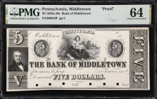 Middletown, Pennsylvania. Bank of Middletown. 18xx $5. PMG Choice Uncirculated 64. Proof.
Imprint of Underwood, Bald, Spencer & Hufty/Danforth, Under...