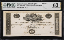 Philadelphia, Pennsylvania. Farmers & Mechanics Bank. 18xx $50. PMG Choice Uncirculated 63. Proof.
Imprint of Murray, Draper, Fairman & Co. India pap...