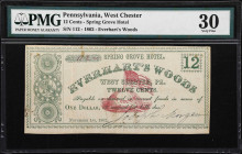 West Chester, Pennsylvania. Spring Grove Hotel. 1862 12 Cents. PMG Very Fine 30.
No. 112. An odd denomination arguably more befitting of a time when ...