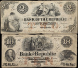 Lot of (2) Providence, Rhode Island. Bank of the Republic. 1855 $2 & $10. Very Good.
A pair of attractive and evenly circulated Rhode Island Obsolete...