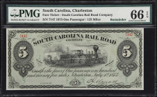 Charleston, South Carolina. South Carolina Rail Road Company. 1873 Fare Ticket. PMG Gem Uncirculated 66 EPQ. Remainder.
No. 7141. An attractive ticke...