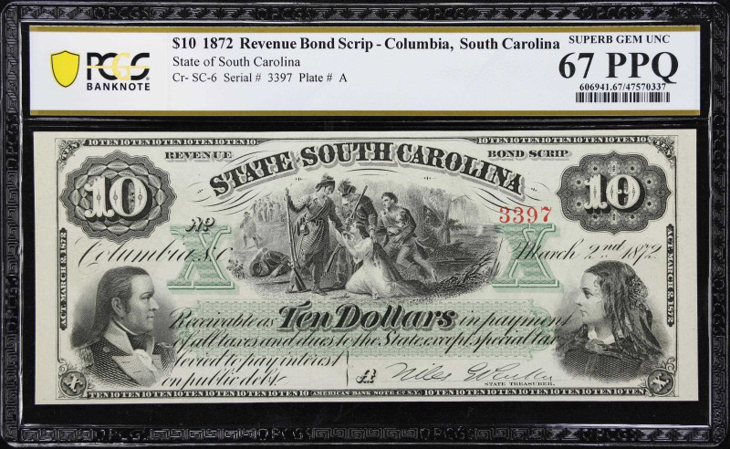 Columbia, South Carolina. State of South Carolina. 1872 $10. PCGS Banknote Super...