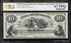 Columbia, South Carolina. State of South Carolina. 1872 $10. PCGS Banknote Superb Gem Uncirculated 67 PPQ.
No. 3397. Plate A. A Superb Gem example of...