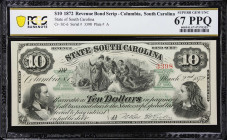 Columbia, South Carolina. State of South Carolina. 1872 $10. PCGS Banknote Superb Gem Uncirculated 67 PPQ.
No. 3398. Plate A. A Superb Gem example of...