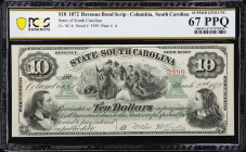 Columbia, South Carolina. State of South Carolina. 1872 $10. PCGS Banknote Superb Gem Uncirculated 67 PPQ.
No. 3399. Plate A. A Superb Gem example of...