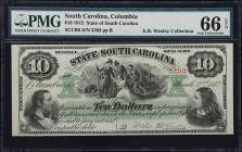 Columbia, South Carolina. State of South Carolina. 1872 $10. PMG Gem Uncirculated 66 EPQ.
No. 3393. Plate B. A gem example of this ever-popular type ...