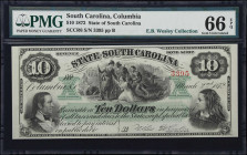 Columbia, South Carolina. State of South Carolina. 1872 $10. PMG Gem Uncirculated 66 EPQ.
No. 3395. Plate B. A gem example of this ever-popular type ...