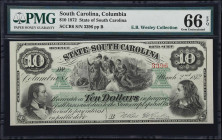 Columbia, South Carolina. State of South Carolina. 1872 $10. PMG Gem Uncirculated 66 EPQ.
No. 3396. Plate B. A gem example of this ever-popular type ...