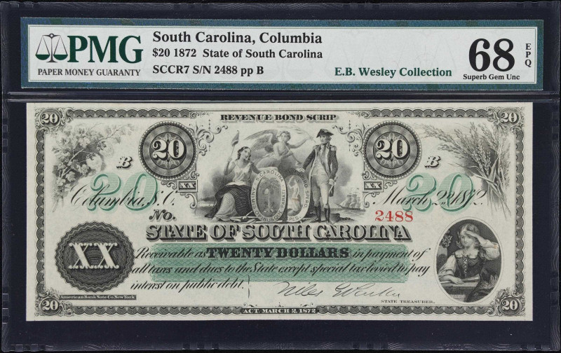 Columbia, South Carolina. State of South Carolina. 1872 $20. PMG Superb Gem Unci...