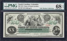 Columbia, South Carolina. State of South Carolina. 1872 $20. PMG Superb Gem Uncirculated 68 EPQ.
No. 2438. Plate B. A Superb Gem example of this ever...