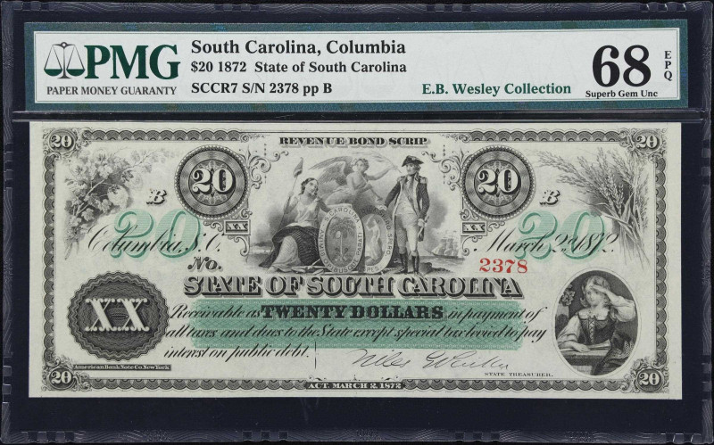 Columbia, South Carolina. State of South Carolina. 1872 $20. PMG Superb Gem Unci...