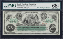 Columbia, South Carolina. State of South Carolina. 1872 $20. PMG Superb Gem Uncirculated 68 EPQ.
No. 2378. Plate B. A Superb Gem example of this ever...