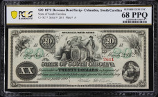 Columbia, South Carolina. State of South Carolina. 1872 $20. PCGS Banknote Superb Gem Uncirculated 68 PPQ.
No. 2611. Plate A. A Superb Gem example of...