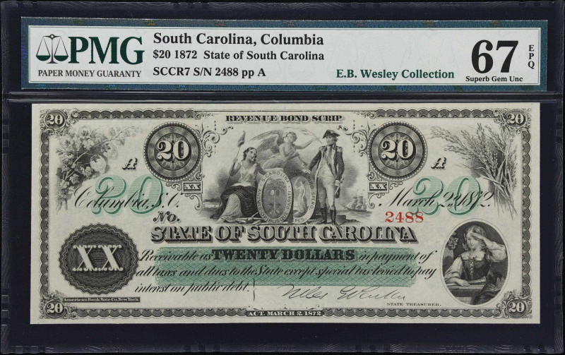 Columbia, South Carolina. State of South Carolina. 1872 $20. PMG Superb Gem Unci...