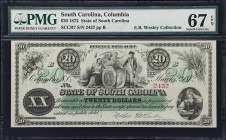 Columbia, South Carolina. State of South Carolina. 1872 $20. PMG Superb Gem Uncirculated 67 EPQ.
No. 2437. Plate B. A Superb Gem example of this ever...