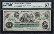 Columbia, South Carolina. State of South Carolina. 1872 $20. PMG Superb Gem Uncirculated 67 EPQ.
No. 2221. Plate A. A Superb Gem example of this ever...