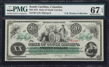 Columbia, South Carolina. State of South Carolina. 1872 $20. PMG Superb Gem Uncirculated 67 EPQ.
No. 4702. Plate B. A Superb Gem example of this ever...