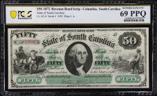 Columbia, South Carolina. State of South Carolina. 1872 $50. PCGS Banknote Superb Gem Uncirculated 69 PPQ.
No. 2592. Plate A. A Superb Gem example of...