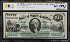 Columbia, South Carolina. State of South Carolina. 1872 $50. PCGS Banknote Superb Gem Uncirculated 69 PPQ.
No. 2528. Plate A. A Superb Gem example of...