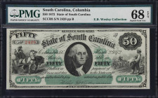 Columbia, South Carolina. State of South Carolina. 1872 $50. PMG Superb Gem Uncirculated 68 EPQ.
No. 2428. Plate B. A Superb Gem example of this ever...