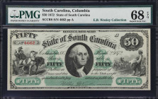 Columbia, South Carolina. State of South Carolina. 1872 $50. PMG Superb Gem Uncirculated 68 EPQ.
No. 4662. Plate A. A Superb Gem example of this ever...