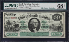 Columbia, South Carolina. State of South Carolina. 1872 $50. PMG Superb Gem Uncirculated 68 EPQ.
No. 4656. Plate A. A Superb Gem example of this ever...