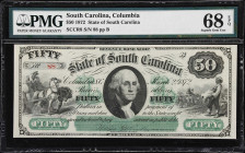 Columbia, South Carolina. State of South Carolina. 1872 $50. PMG Superb Gem Uncirculated 68 EPQ.
No. 88. Plate B. A Superb Gem example of this ever-p...