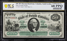 Columbia, South Carolina. State of South Carolina. 1872 $50. PCGS Banknote Superb Gem Uncirculated 68 PPQ.
No. 2382. Plate A. A Superb Gem example of...