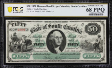 Columbia, South Carolina. State of South Carolina. 1872 $50. PCGS Banknote Superb Gem Uncirculated 68 PPQ.
No. 2597. Plate A. A Superb Gem example of...