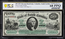 Columbia, South Carolina. State of South Carolina. 1872 $50. PCGS Banknote Superb Gem Uncirculated 68 PPQ.
No. 2378. Plate A. A Superb Gem example of...